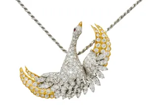 1970's Vintage 8.50 CTW Diamond Platinum 18 Karat Gold Swan Pendant Necklace