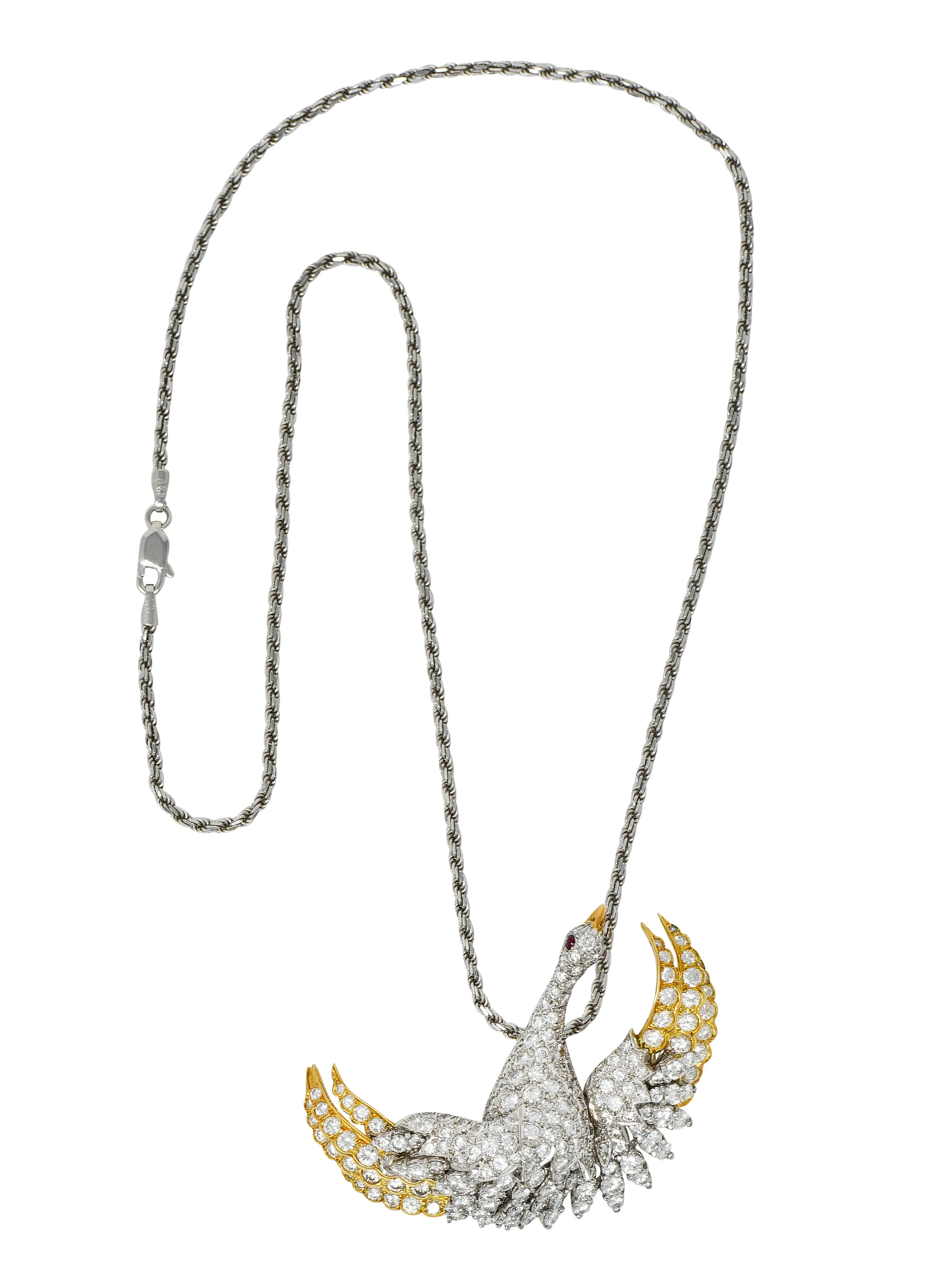 1970's Vintage 8.50 CTW Diamond Platinum 18 Karat Gold Swan Pendant Necklace