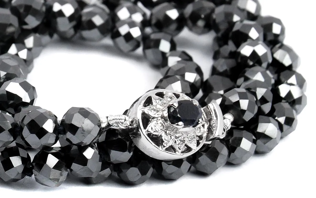 8 mm Black Diamond Beads Necklace With Black Diamond Solitaire Clasp. AAA Certified! Great Shine & Elegant Look