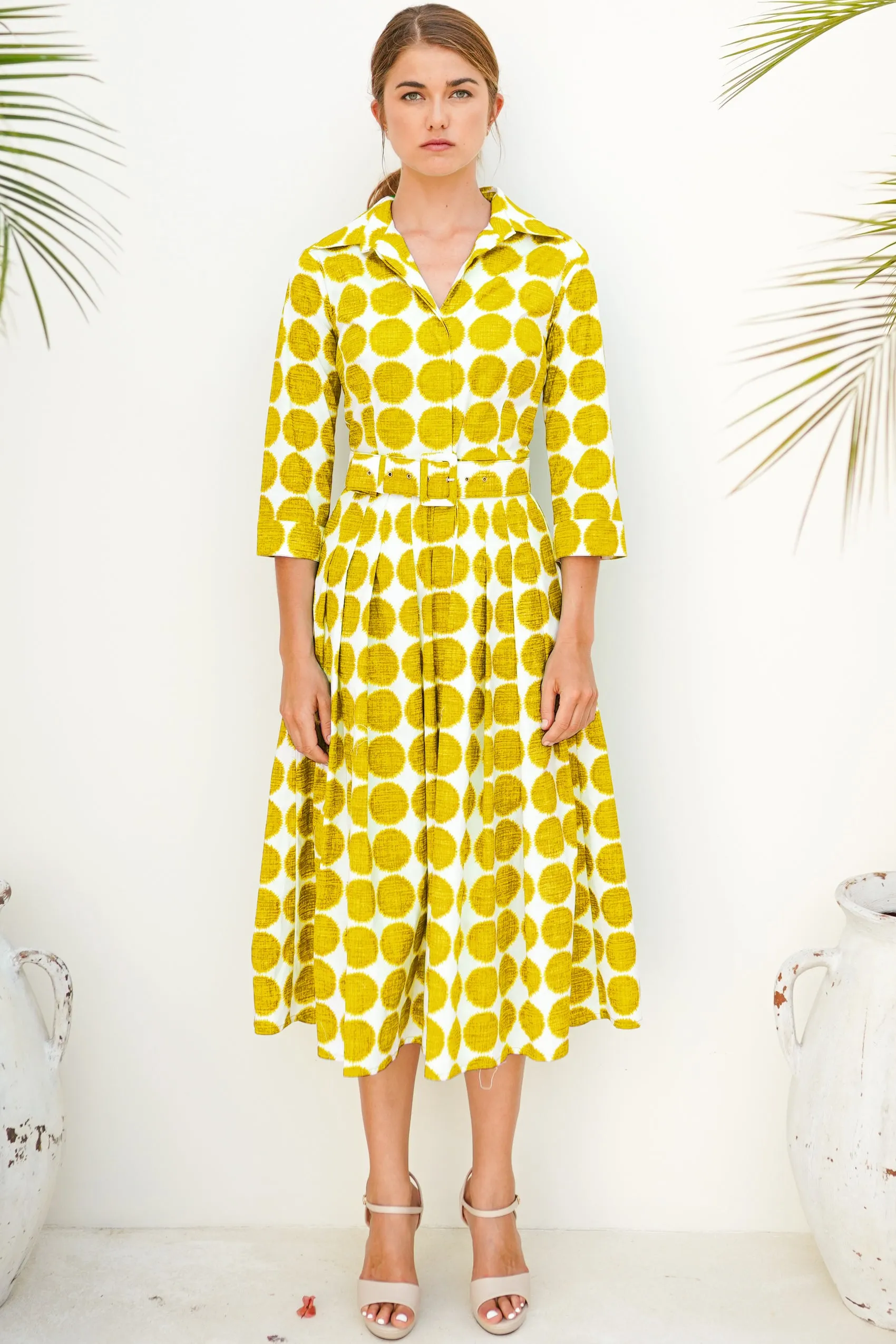 Audrey Dress #4 Shirt Collar 3/4 Sleeve Long Length Cotton Musola (Fuzzy Dots Small)