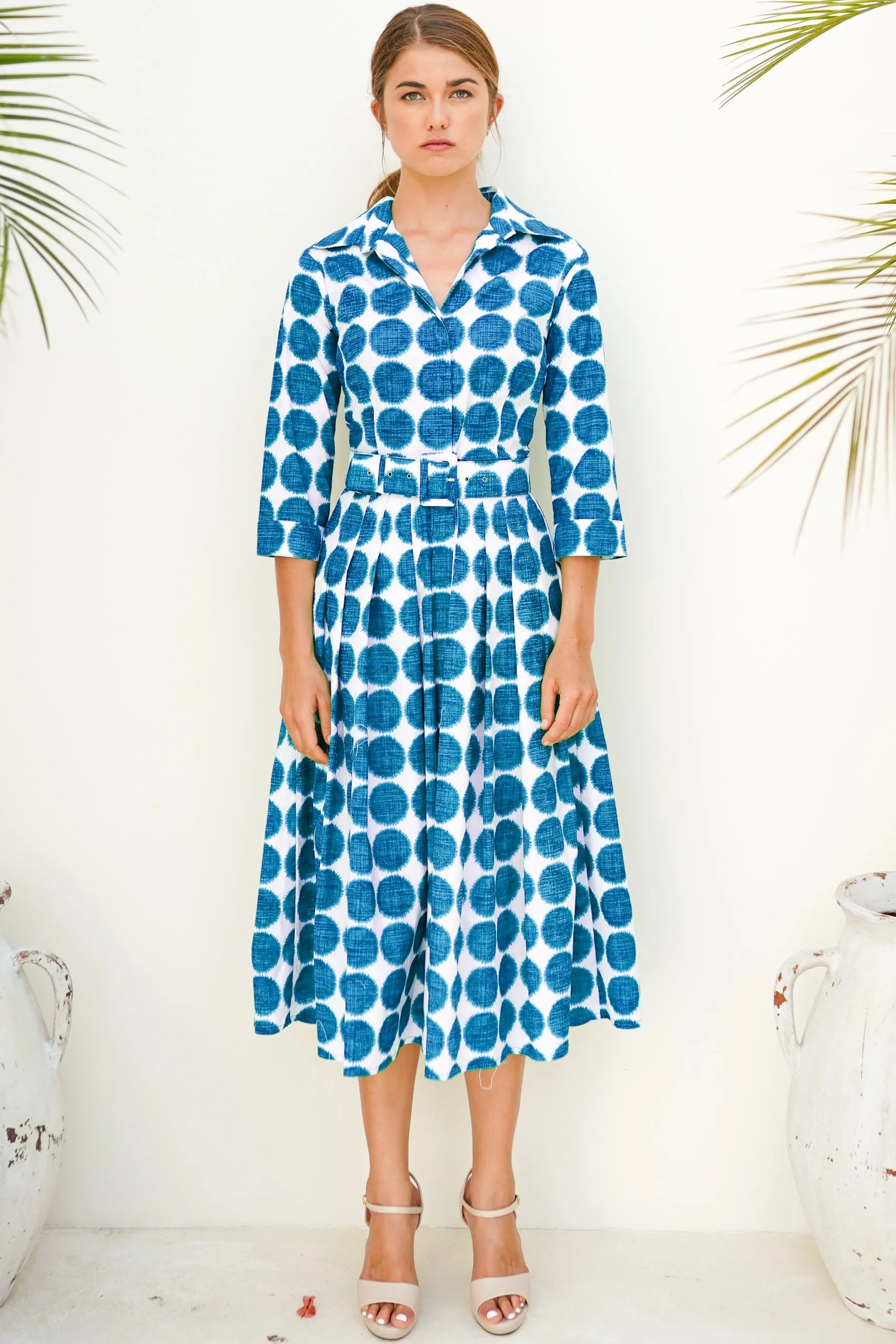 Audrey Dress #4 Shirt Collar 3/4 Sleeve Long Length Cotton Musola (Fuzzy Dots Small)