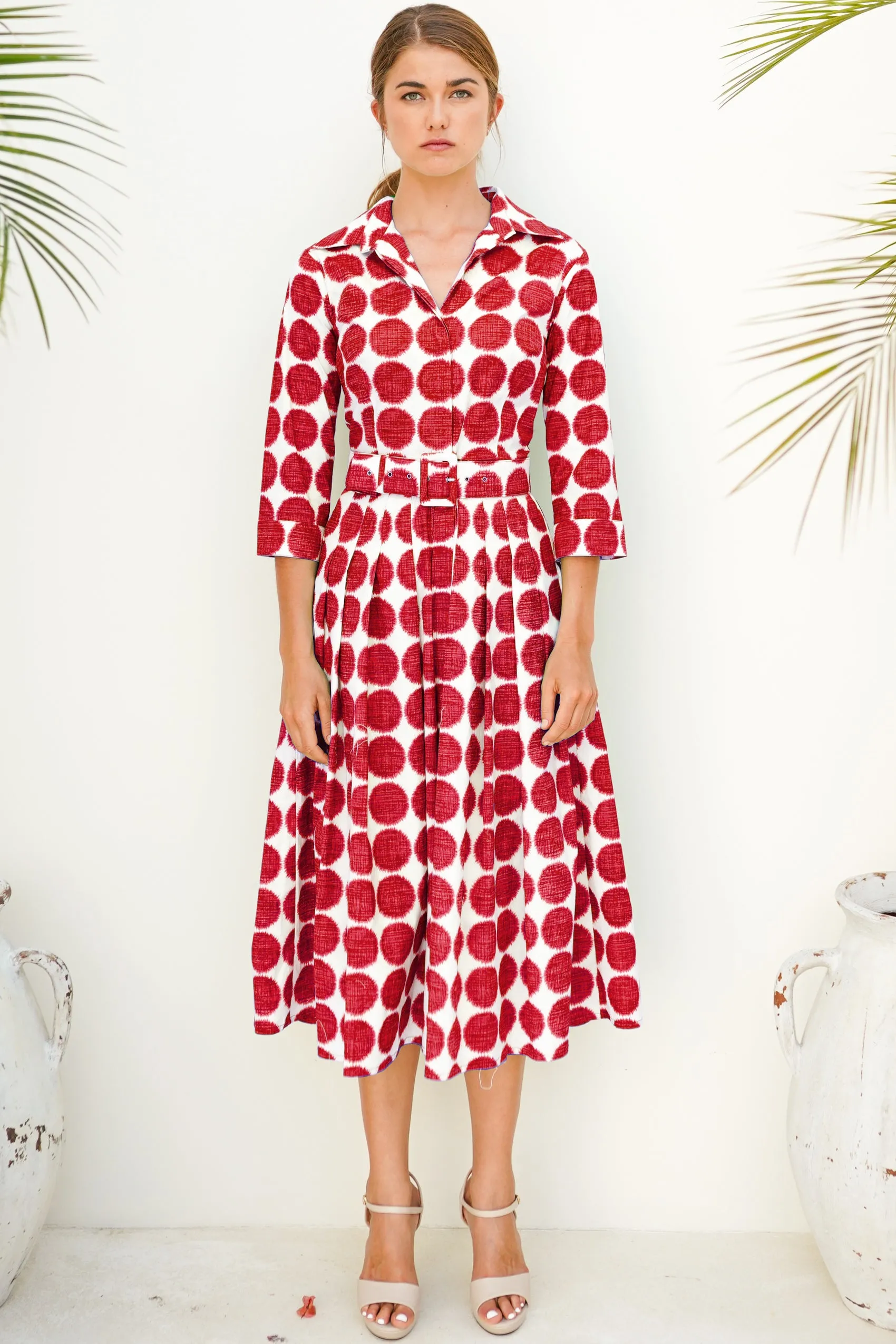 Audrey Dress #4 Shirt Collar 3/4 Sleeve Long Length Cotton Musola (Fuzzy Dots Small)