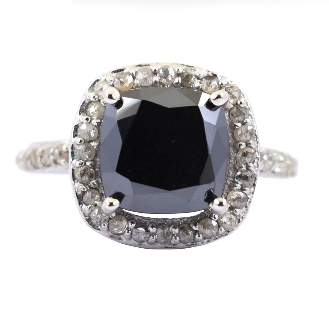 Certified 4 Ct Cushion Black Diamond Designer Ring in 925 Silver with Rose Cut Diamond Accents, Ideal Gift for Wife, Mother