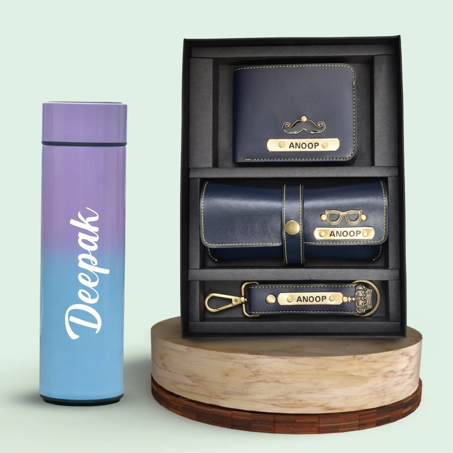 Customized Bottle with Temperature display - Pastel Shade 3 & All in One Men's Combo (3 pcs) - Royal Blue