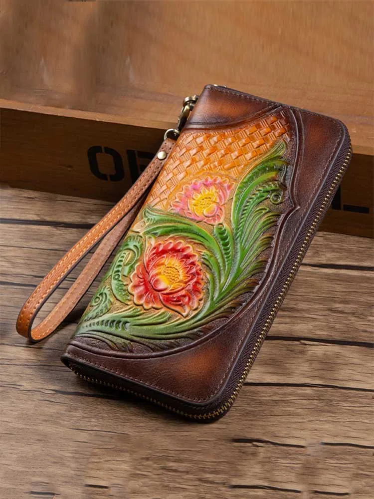 Handmade Embossed Women Hand Wallet Vintage Cowhide Phone Purse Card Houlder