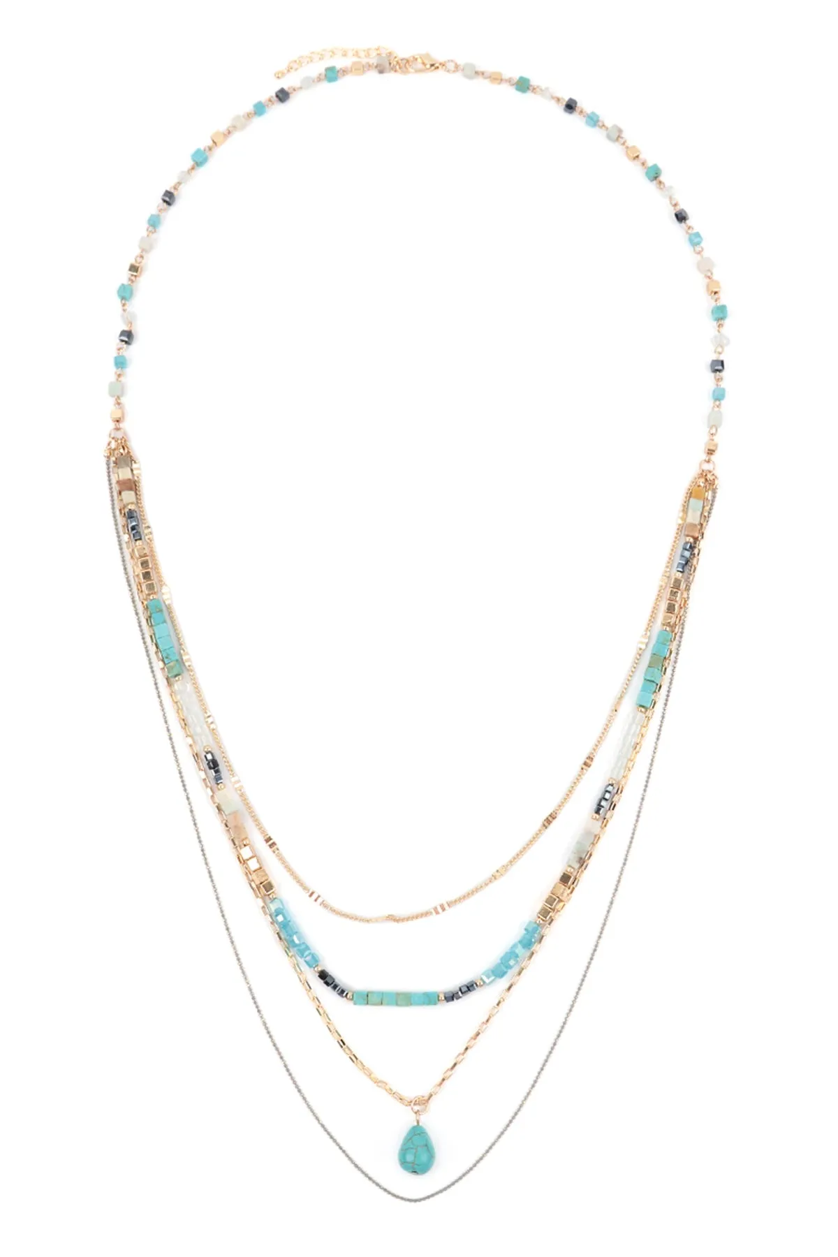 LAYERED NATURAL STONE TEARDROP PENDANT BOHO NECKLACE