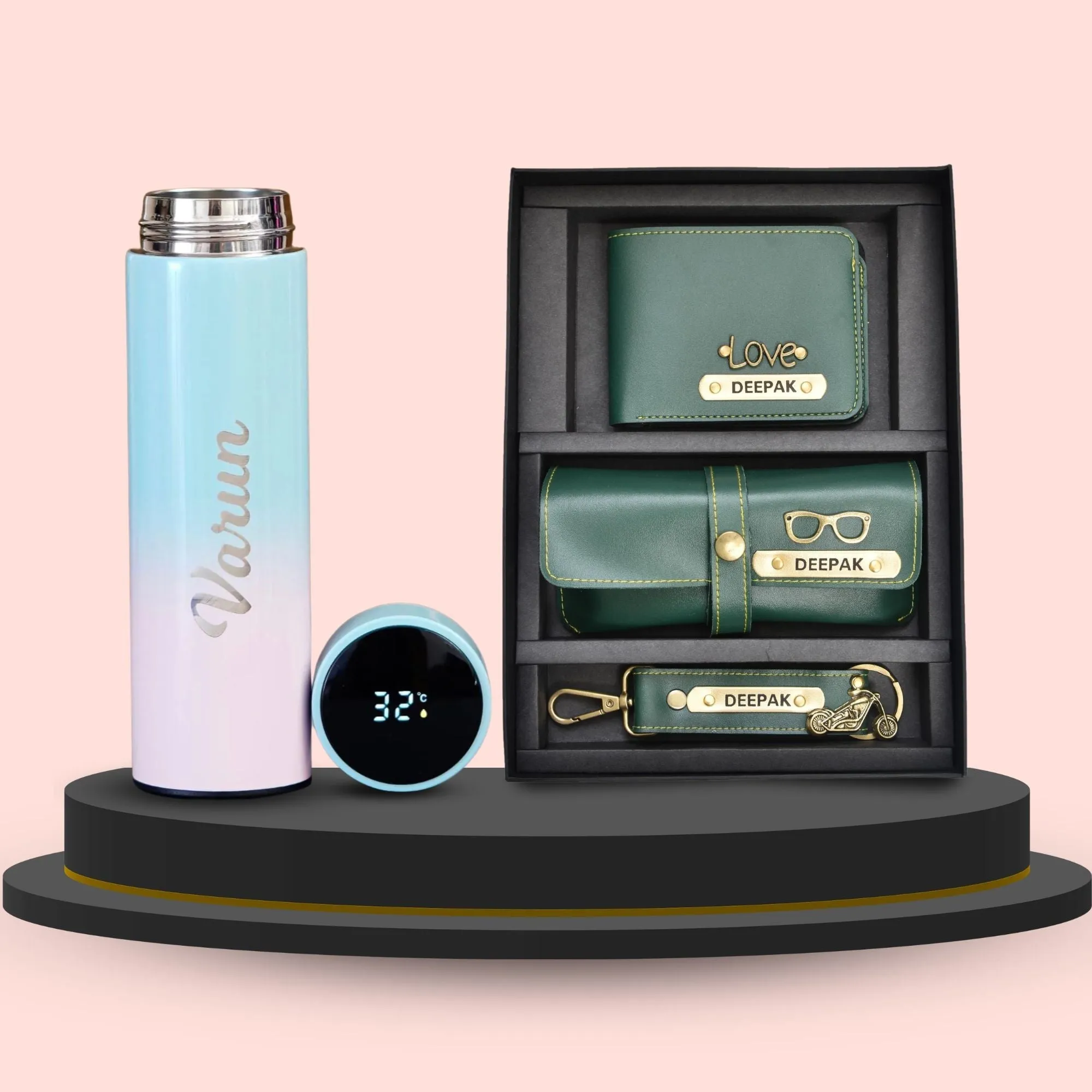 Personalised Pastel Temperature Display Bottle & All in One Men's Combo (3 pcs) - Olive Green