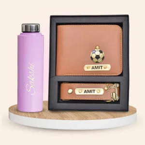 Personalised Pink Classic Smart Bottle (1 Litre) & All in One Men's Combo (2 pcs) - Tan