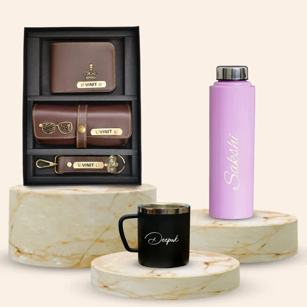 Personalised Pink Classic Smart Bottle (1 Litre). Stainless Steel Mug  & All in One Men's Combo (3 pcs) - Brown
