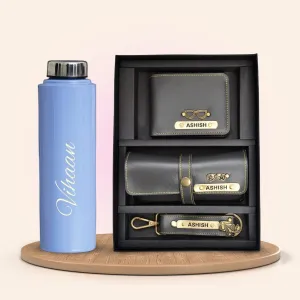 Personalised Violet Classic Smart Bottle (1 Litre) & All in One Men's Combo (3 pcs) - Grey