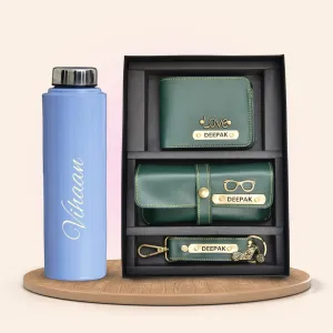 Personalised Violet Classic Smart Bottle (1 Litre) & All in One Men's Combo (3 pcs) - Olive Green