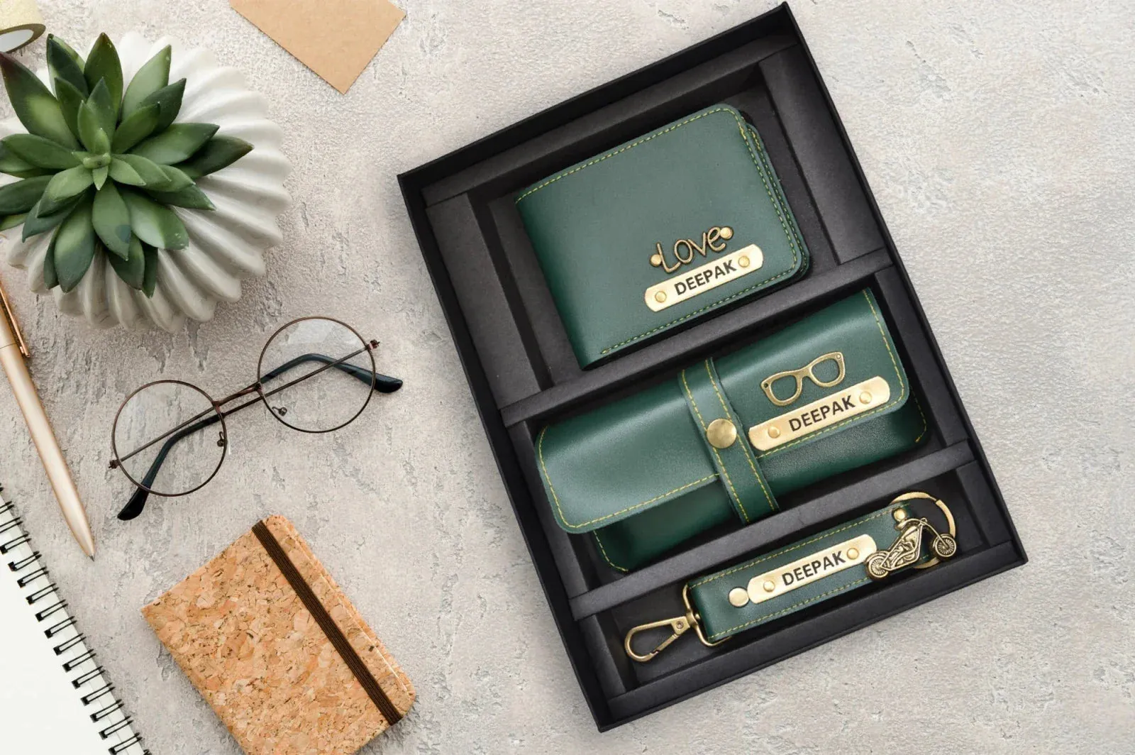 Personalised Violet Classic Smart Bottle (1 Litre) & All in One Men's Combo (3 pcs) - Olive Green