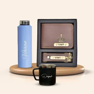 Personalised Voilet Classic Smart Bottle (1 Litre), Stainless Steel Mug & All in One Men's Combo (2 pcs) - Brown