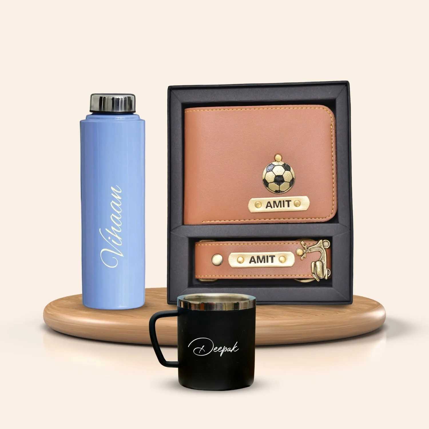 Personalised Voilet Classic Smart Bottle (1 Litre), Stainless Steel Mug & All in One Men's Combo (2 pcs) - Tan