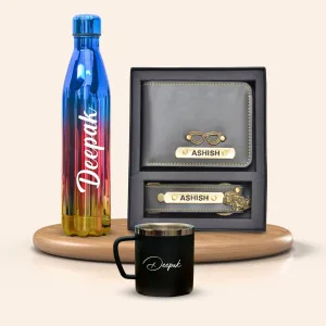 Personalized All in One Men's Combo (2 pcs) & Customized Rainbow Stainless Steel Water Bottles & Stainless Steel Mug - Grey