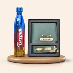 Personalized All in One Men's Combo (2 pcs) & Customized Rainbow Stainless Steel Water Bottles - Olive Green