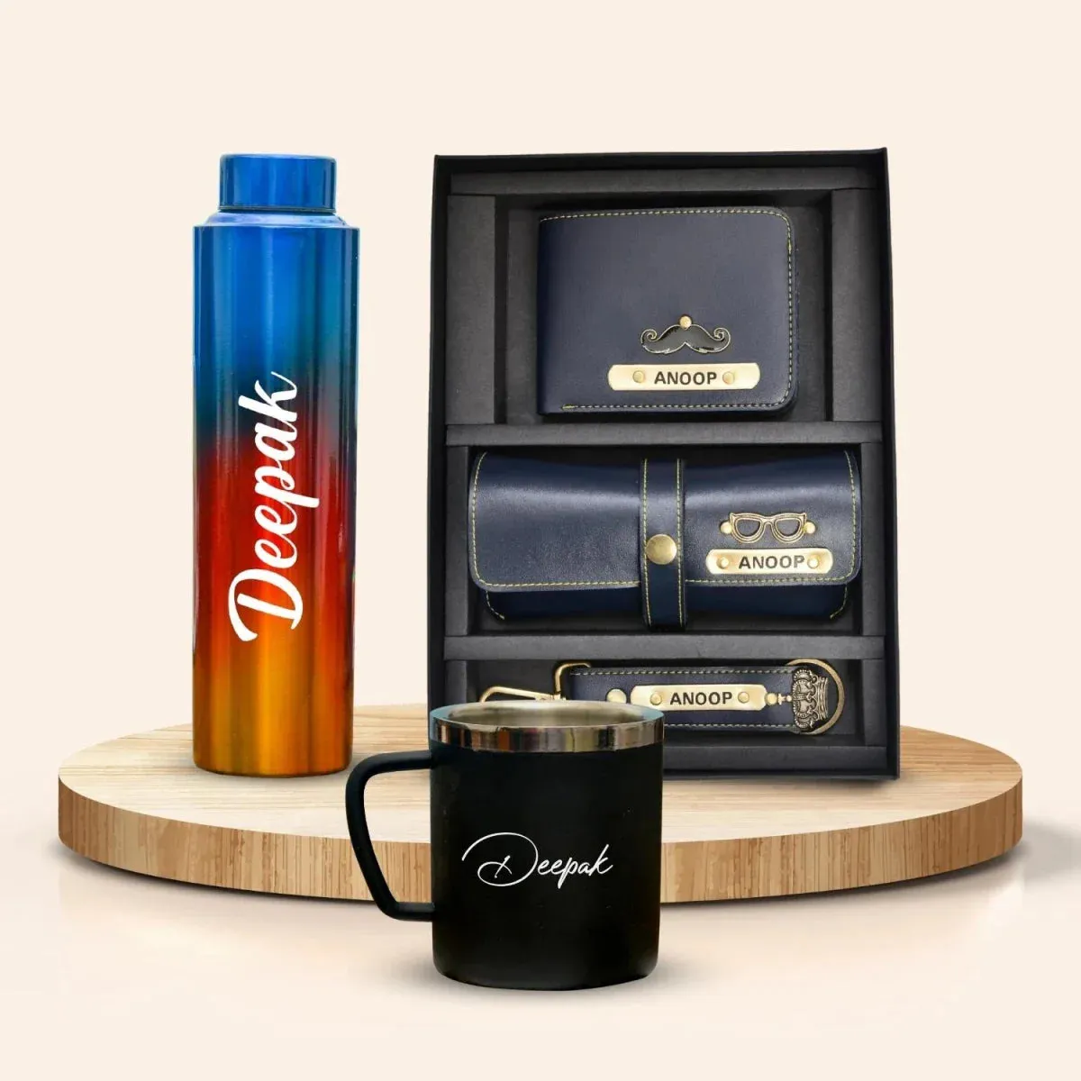 Personalized All in One Men's Combo (3 pcs) & Rainbow Classic Bottle 1Litre & Stainless Steel Mug - Royal Blue