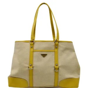 PRADA Fabric Canvas Leather Tote Bag Beige - 25% OFF