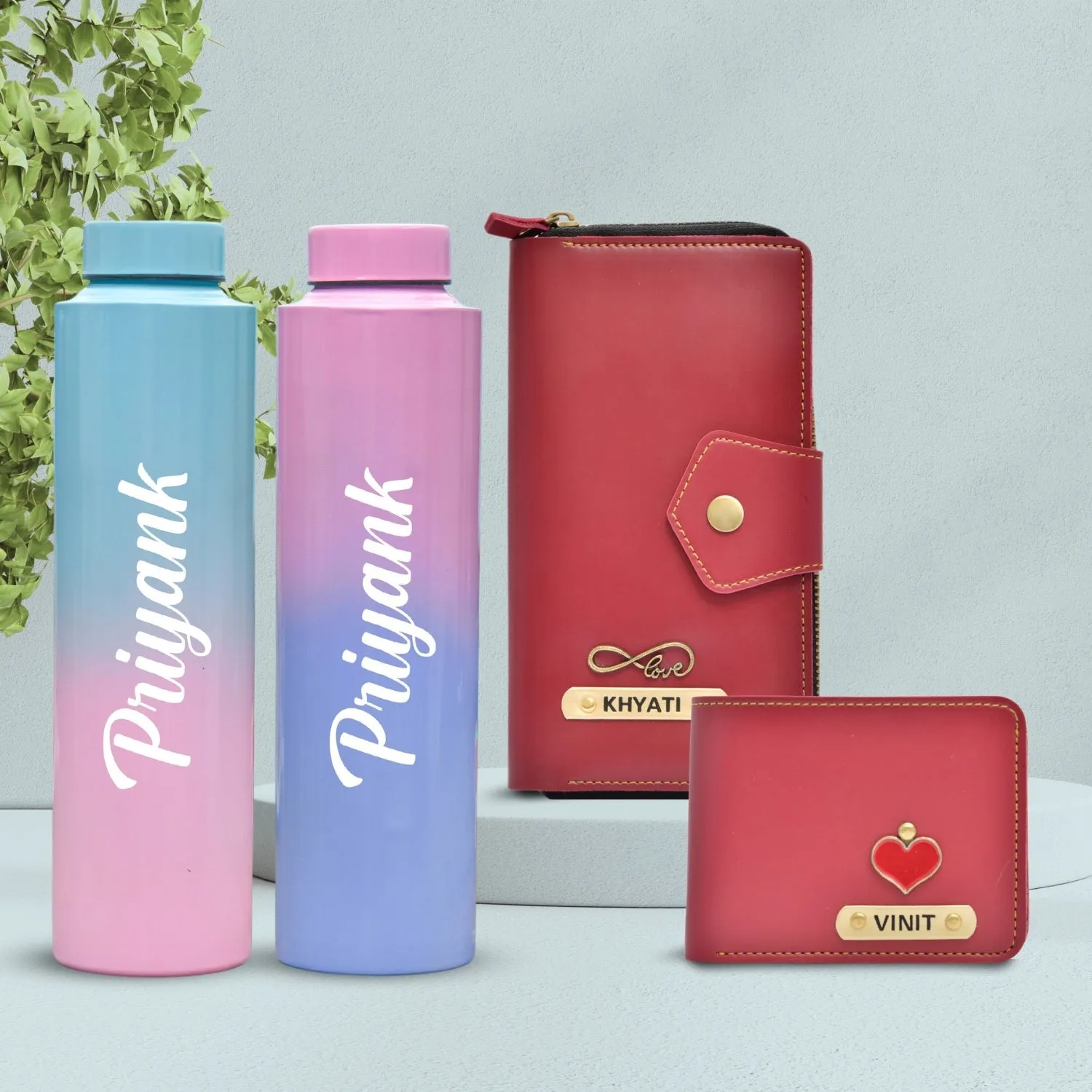 Premium Lady Wallet & Men's Wallet & Personalised Couple Rainbow Classic WaterBottle - Wine