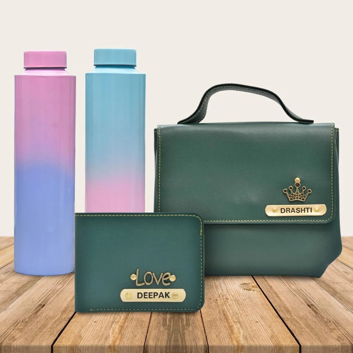 Sling Bag & Men's Wallet & Personalised Couple Rainbow Classic WaterBottle - Olive Green
